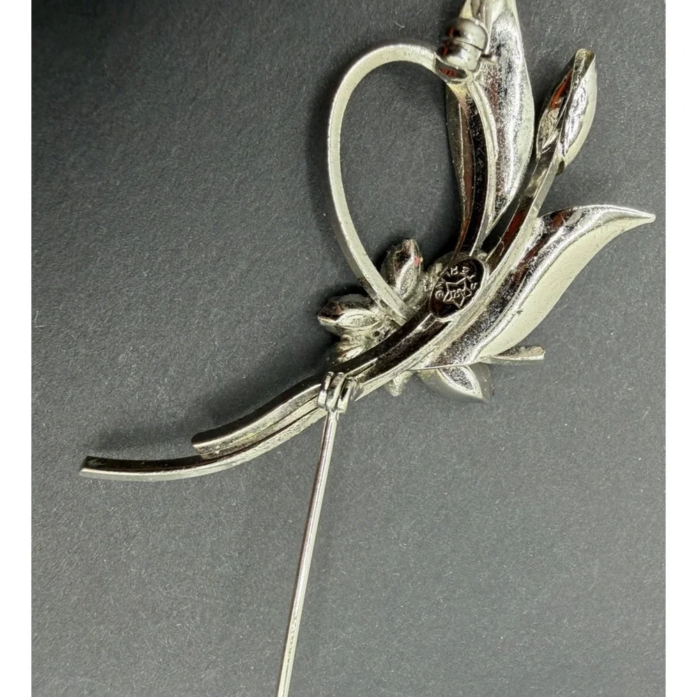 Vintage STAR ART Sterling Silver Flower Spray Brooch Pin Green Rhinestone 1950s